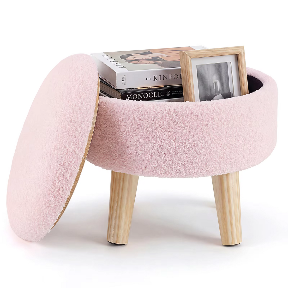 JHK Round Storage Ottoman Stool Teddy Velvet Padded Seat Footstool with Hidden Storage Wood Legs for Living Room Bedroom